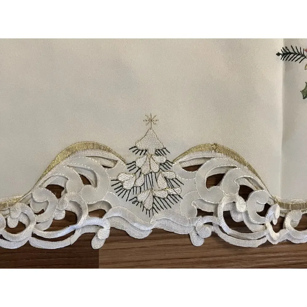 Embroidered Snowman Christmas Table Runner 68x13 Cutwork Lace NEW